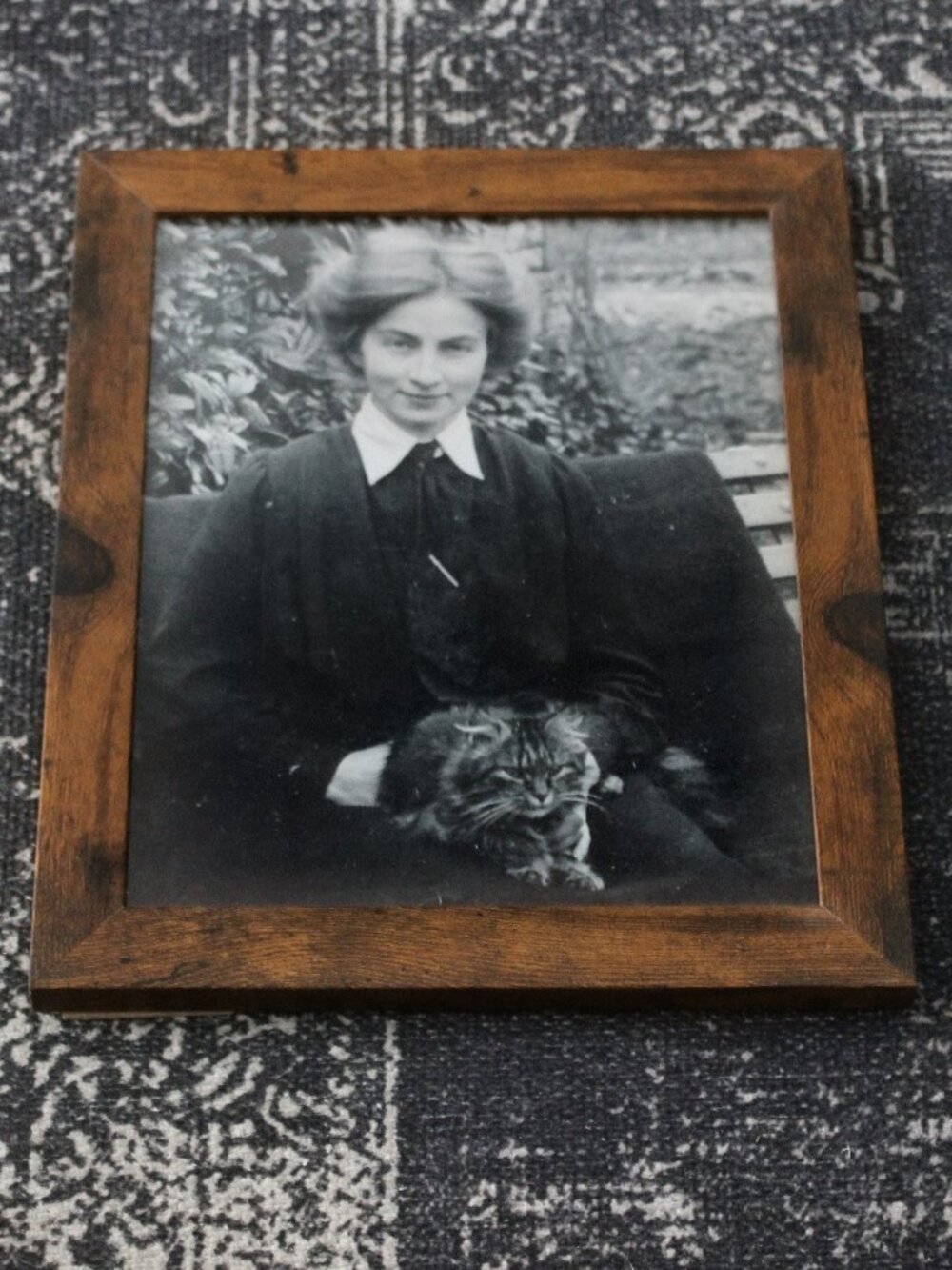 Framed Vintage Style Black and White Woman Sitting with Cat Photo Print 8x10